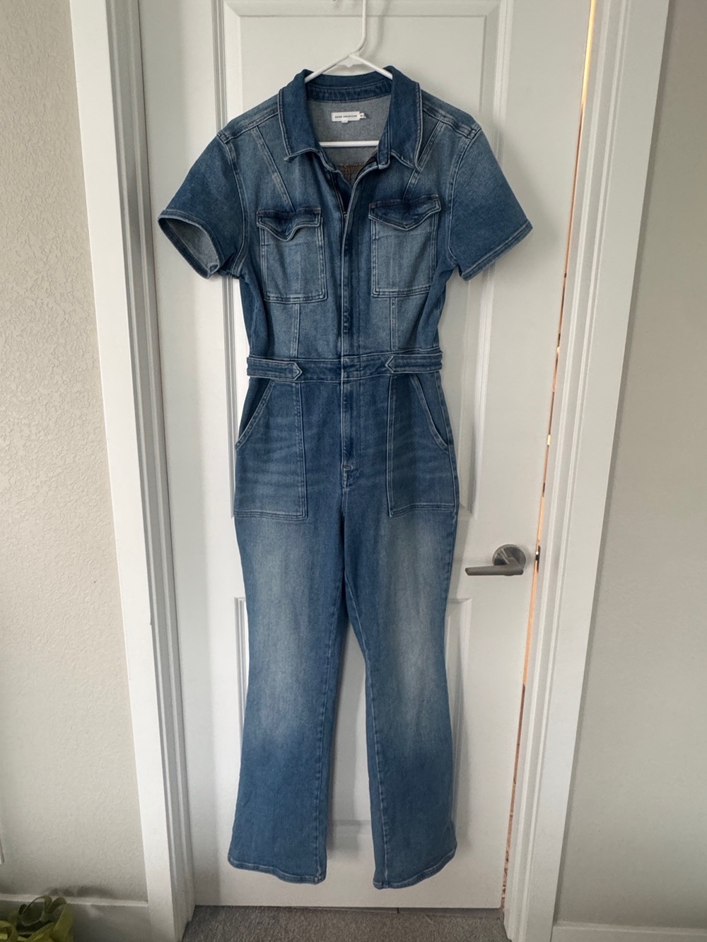Good American Blue Short-Sleeve Denim Jumpsuit